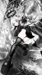  1girl ass black_boots black_gloves black_jacket black_thighhighs blue_archive boots broken_glass bullet bullet_hole closed_mouth colored_skin commentary demon_horns demon_wings forehead foreshortening glass gloves grey_skin gun halo high_heel_boots high_heels hina_(blue_archive) horns jacket knee_boots kneepits light_blush limited_palette looking_at_viewer machine_gun mg42 pale_skin parted_bangs pink_eyes running shirubaa skindentation solo thighhighs thighs weapon wings zettai_ryouiki 