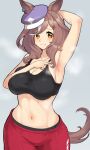  1girl absurdres animal_ears arm_behind_head armpits black_sports_bra breasts brown_hair cleavage commentary ear_ornament ears_through_headwear eyes_visible_through_hair grey_background groin hair_ornament hairclip hat highres horse_ears horse_girl horse_tail large_breasts linea_alba looking_at_viewer matikanetannhauser_(umamusume) medium_hair midriff multicolored_hair navel newsboy_cap open_mouth orange_eyes pants presenting_own_armpit raised_inner_eyebrows red_pants simple_background smile solo sports_bra steaming_body strap_pull streaked_hair sweat swept_bangs tail teeth tilted_headwear tracen_training_uniform track_pants umamusume very_sweaty white_streaks zekataki 