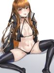  1girl absurdres bikini black_bikini black_jacket black_thighhighs blue_notuki blush breasts brown_eyes brown_hair commentary_request fate/grand_order fate_(series) highres jacket kishinami_hakuno_(female) kishinami_hakuno_(female)_(mooncancer) long_hair long_sleeves looking_at_viewer navel orange_trim partial_commentary small_breasts solo spread_legs swimsuit thighhighs tongue tongue_out 