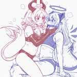  2girls after_kiss ahoge arknights bandaid bandaid_on_arm bandaid_on_knee bandaid_on_leg blush bra breasts caffichai cleavage color-coded demon_girl demon_horns demon_tail earrings elbow_gloves forked_tongue gagged gloves heart heart-shaped_pupils highres horns jewelry latex latex_bra latex_gloves latex_panties long_hair long_tongue medium_hair monochrome mostima_(arknights) multiple_girls multiple_monochrome nymph_(arknights) panties pointy_ears saliva saliva_trail simple_background sitting small_breasts sports_bra straddling symbol-shaped_pupils tail tongue tongue_out underwear white_background yuri 