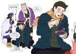  1girl 2boys animal_ears asirpa bear_ears bear_tail black_hair boots buzz_cut commentary_request earrings eating fox_ears golden_kamuy hoop_earrings jewelry kemonomimi_mode korean_commentary korean_text luke_skyfaller multiple_boys open_mouth raccoon_ears raccoon_tail scar scar_on_face scarf shiraishi_yoshitake short_hair sitting speech_bubble sugimoto_saichi tail translation_request very_short_hair white_background yellow_scarf 