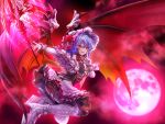  1girl alternate_costume bat_wings blue_hair bonnet boots breasts commentary_request dress finger_to_mouth frilled_wrist_cuffs frills full_moon garter_straps gloves hat hat_ribbon high_heel_boots high_heels highres miyakura_haruto moon red_eyes red_moon red_sky remilia_scarlet ribbon shushing sky small_breasts solo spear_the_gungnir thighhighs thighs touhou white_bonnet white_boots white_dress white_gloves white_thighhighs white_wrist_cuffs wing_ornament wings wrist_cuffs 