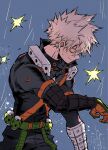  bakugou_katsuki belt belt_buckle black_pants blonde_hair blue_background boku_no_hero_academia buckle chiyaya closed_eyes closed_mouth cowboy_shot crack diamond_(shape) explosive eyebrows_hidden_by_hair facing_down film_grain from_side gloves green_gloves grenade hand_up high_collar highres male_focus multicolored_gloves orange_gloves pants profile rain short_hair single_horizontal_stripe smile snap-fit_buckle solo sparkle spiked_hair split_mouth spoilers torn_clothes two-sided_gloves two-tone_gloves wrist_guards 
