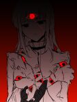  1girl bib_collar black_eyes closed_mouth colored_sclera dress enoch_yn extra_eyes frilled_sleeves frills gradient_background hat highres hikami_meruru long_sleeves mahou_shoujo_no_majo_saiban red_background red_sclera solo spoilers straight-on triclops upper_body white_dress witch_(manosaba) witch_hat 