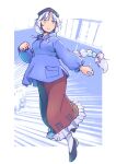  1girl alternate_costume black_shoes blue_dress blue_eyes blue_hat blue_hoodie braid breasts commentary_request constellation_print cross cross_print dress frilled_dress frills full_body grey_hair hat hood hoodie layered_clothes long_hair long_sleeves looking_at_viewer nurse_cap print_dress print_hat rangycrow red_cross red_dress shoes single_braid small_breasts solo touhou two-tone_dress very_long_hair yagokoro_eirin |_| 