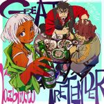  1girl 2boys angry beer_bottle black_vest blue_eyes border bottle chopsticks copyright_name dark-skinned_female dark_skin dorothy_(great_pretender) eyelashes food food_on_face great_pretender great_pretender:_razbliuto grey_hair grimace hand_on_another's_head highres holding holding_bottle jiang_pinjue katou_hirotaka multiple_boys necktie noodles official_art plate second-party_source shrimp vest white_border yang_kunyi 