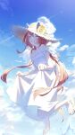  1girl absurdres animal_ears arm_strap auklet5580 bare_shoulders blue_sky blush breasts closed_eyes cloud commentary_request day dress ear_covers ears_through_headwear flower full_body grin hair_between_eyes hat hat_flower highres holding_own_dress horse_ears horse_girl long_hair low_twintails open_mouth outdoors red_hair sandals sky sleeveless sleeveless_dress small_breasts smile solo sun_hat sundress twintails umamusume water white_dress win_variation_(umamusume) 