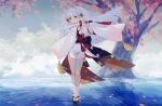  1girl absurdres alternate_costume alternate_hairstyle artist_name blue_eyes blue_hair blurry blurry_background chinese_commentary closed_mouth cloud commentary_request floating_hair floral_print full_body genshin_impact hair_ornament highres holding holding_sword holding_weapon japanese_clothes kamisato_ayaka katana kimono long_hair long_sleeves obi petals platform_sandals print_kimono sandals sash snowflake_print socks solo standing swkl:d sword tabi tassel weapon white_kimono white_socks 