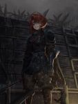  1girl absurdres armor barbed_wire blood blood_on_face blue_eyes boots breastplate brown_boots brown_jacket brown_pants club_(weapon) elbow_pads feet_out_of_frame from_below gauntlets grey_sky highres holding holding_club holding_weapon jacket jorgenswagger ladder looking_at_viewer marsha_(reverse:1999) pants red_hair red_pupils reverse:1999 short_hair shoulder_armor sky solo trench weapon 