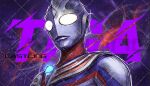  1boy alien artist_name castlings character_name chest_guard color_timer colored_skin commentary compound_eyes crystal dorsal_fin english_text forehead_jewel galaxy_background glowing glowing_eyes looking_ahead male_focus multicolored_skin no_pupils purple_background purple_skin purple_theme red_skin silver_skin solo tokusatsu toned toned_male ultra_series ultraman_tiga ultraman_tiga_(multi_type) ultraman_tiga_(series) upper_body watermark white_eyes 