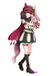  1girl absurdres animal_ears black_boots black_socks blush boots bow breasts brown_hair cape closed_mouth ear_covers ears_through_headwear full_body green_bow hair_between_eyes hand_puppet hat highres horse_ears horse_girl jacket kneehighs konsu_(konsu1182da) long_sleeves looking_at_viewer marche_lorraine's_puppet marche_lorraine_(racing)_(umamusume) marche_lorraine_(umamusume) mismatched_ear_covers multicolored_hair puppet purple_eyes red_cape short_hair simple_background skirt smile socks streaked_hair thigh_strap umamusume white_background white_jacket white_streaks 