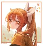  1girl absurdres blush border bright_pupils brown_eyes brown_hair bug butterfly closed_mouth commentary_request djmax djmax_respect high_ponytail highres kohiodoshi_(djmax) korean_commentary long_hair looking_at_viewer ponytail portrait revision sidelocks smile solo twitter_username white_border white_pupils yc97 