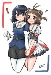 ! 2girls antenna_hair belt black_belt black_skirt blue_hair breasts closed_mouth collarbone commentary_request cowboy_shot cropped_legs double_bun grin haguro_(kancolle) hair_between_eyes hair_bun hand_on_another's_shoulder holding_hands kantai_collection ma_rukan multiple_girls naka_(kancolle) pantyhose puffy_short_sleeves puffy_sleeves short_hair short_sleeves skirt smile white_background white_pantyhose 