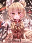  1girl absurdres armor armored_dress blonde_hair blush breasts chinese_commentary commentary_request double_bun dress hair_between_eyes hair_bun highres holding joutouguu_mayumi looking_at_viewer medium_hair open_mouth orange_eyes puffy_short_sleeves puffy_sleeves ribbon sheath sheathed shirt short_sleeves signature small_breasts solo sword top-exerou touhou vambraces weapon white_ribbon white_shirt 