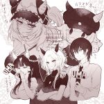 1boy 3girls ahoge animal_ears blunt_bangs breasts closed_mouth collared_shirt commentary_request crossed_arms dress ear_covers ears_through_headwear hand_puppet hat highres horse_ears horse_girl limited_palette long_hair long_sleeves lucky_lilac_(umamusume) marche_lorraine's_puppet marche_lorraine_(gold-triumph)_(umamusume) marche_lorraine_(umamusume) medium_breasts mismatched_ear_covers multicolored_hair multiple_girls necktie official_alternate_costume open_mouth orfevre_(umamusume) puppet shirt short_sleeves side_ponytail single_ear_cover smile trainer_(umamusume) umamusume umamusume_horse_relations yue_(lov_n_n) 