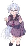  1girl @_@ black_socks blush breasts dress grey_hair hair_ornament highres hiwamura_hiyori kamio_fukuchi large_breasts legs long_hair looking_at_viewer open_mouth purple_dress purple_eyes school_uniform socks teacher white_background x_hair_ornament yowa_yowa_sensei 