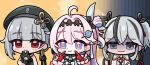  3girls absurdres ahoge beret black_bow black_gloves black_hat bow camellya_(wuthering_waves) closed_mouth commentary denia_(wuthering_waves) english_commentary fingersmile gloves grey_eyes grey_hair hair_bow hair_ornament hat highres long_hair multiple_girls pink_hair purple_eyes red_eyes red_gloves sanhua_(wuthering_waves) shaded_face short_hair smile upper_body wuthering_waves yami_(yami56_u) 