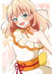  1girl :d aqua_eyes border choker collarbone commentary_request daime_(hyahhaa10) dress floral_background flower_knot gloves highres hinoshita_kaho looking_at_viewer love_live! love_live!_hasu_no_sora_jogakuin_school_idol_club obi obijime open_mouth orange_background orange_choker orange_hair orange_ribbon orange_sash outside_border ribbon ribbon_choker sash see-through_clothes see-through_gloves single-shoulder_dress single_bare_shoulder smile solo suisai_sekai teeth two_side_up upper_teeth_only virtual_youtuber white_border white_gloves 