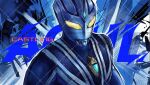  1boy alien armor artist_name black_skin blue_background blue_gem blue_skin blue_theme castlings character_name chest_guard color_timer colored_skin commentary compound_eyes dorsal_fin english_text forehead_jewel gem glowing glowing_eyes looking_ahead male_focus multicolored_skin no_pupils patterned_background pectorals shoulder_armor silver_skin silver_trim solo tokusatsu toned toned_male ultra_series ultraman_agul ultraman_gaia_(series) upper_body watermark yellow_eyes 