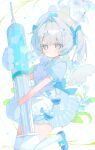  1girl absurdres animal_hands apron blue_dress blue_eyes blue_flower blue_gloves blue_hair blue_hat blue_ribbon blue_shoes blue_theme blush bon_(bony_53) closed_mouth commentary detached_wings dress flower foot_out_of_frame frilled_apron frills gloves hair_between_eyes hair_ornament hair_ribbon hat heart heart_hair_ornament highres holding holding_syringe large_syringe looking_at_viewer making-of_available original oversized_object paw_gloves puffy_sleeves ribbon shoes short_hair short_sleeves solo syringe thighhighs untranslatable_commentary white_apron white_thighhighs white_wings wings x_hair_ornament 