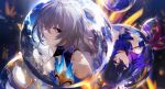  2girls absurdres bare_shoulders blue_eyes blue_hair bronya_rand chinese_commentary colored_inner_hair commentary_request dress earrings flower green_eyes grey_eyes grey_hair hair_between_eyes highres honkai:_star_rail honkai_(series) jewelry looking_at_viewer multicolored_hair multiple_girls orb plant purple_hair purple_scarf scarf seele_(honkai:_star_rail) sidelocks smile swkl:d upper_body white_dress 