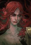  1girl absurdres armor black_background closed_mouth collarbone curtained_hair elden_ring facing_viewer flower highres hollow_eyes lips long_hair malenia_blade_of_miquella malenia_goddess_of_rot o-ring painterly pauldrons portrait realistic red_flower red_hair scar scar_on_face shatunyara0 shoulder_armor single_pauldron solo 