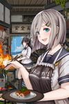  alternate_hairstyle apron asymmetrical_legwear black_hair black_legwear blue_eyes blush bottle breasts collarbone cooking fire food grey_skirt hair_ornament hairclip hamakaze_(kantai_collection) hanata_sekihan indoors isokaze_(kantai_collection) kanji kantai_collection kitchen large_breasts lips long_hair long_sleeves looking_at_viewer multiple_girls open_mouth pleated_skirt ponytail red_eyes school_uniform serafuku short_hair short_sleeves silver_hair skirt sleeves_rolled_up smile striped striped_skirt sushi tied_hair wooden_ceiling 