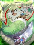  1other berry_(pokemon) black_eyes blush cheri_berry chesnaught fang open_mouth oran_berry pecha_berry pokemon pokemon_(creature) rowlet runachikku skin_fang 