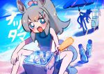  2girls animal_ears beach beach_umbrella blue_eyes blush cloud commentary_request cooler day fang food grey_hair hair_ornament hairclip highres holding holding_food holding_popsicle horizon horse_ears horse_girl horse_tail lightning_bolt_hair_ornament lightning_bolt_symbol long_hair looking_at_viewer multiple_girls nara_123 oguri_cap_(umamusume) open_mouth outdoors ponytail popsicle ramune sand shorts sitting smile solo_focus standing sunlight tail tamamo_cross_(umamusume) tank_top umamusume umbrella v-shaped_eyebrows vending_cart 