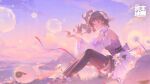  1girl animal_ears ardelia_(arknights) arknights arknights:_endfield bare_shoulders black_thighhighs brown_hair chinese_commentary commentary_request copyright_logo copyright_notice detached_sleeves dress drill_hair drill_ponytail eyjafjalla_(arknights) fingerless_gloves gloves highres horns koujuan little_black_sheep_(arknights) logo long_hair outdoors parted_lips pink_eyes purple_dress sheep sheep_ears sheep_girl sheep_horns sitting solo thighhighs white_gloves 
