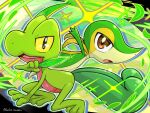  brown_eyes colored_sclera commentary_request full_body holding holding_leaf leaf looking_at_viewer no_humans nostrils open_mouth pokemon pokemon_(creature) runachikku snivy sparkle treecko yellow_sclera 
