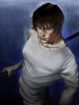  1boy black_hair black_sclera closed_mouth colored_sclera fushiguro_toji highres holding holding_weapon jujutsu_kaisen kryzpepin short_hair solo sweater upper_body weapon white_sweater 