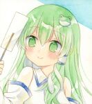  1girl blush closed_mouth commentary detached_sleeves frog_hair_ornament gohei green_eyes hair_between_eyes hair_ornament hair_tubes highres holding holding_gohei kagome_f kochiya_sanae long_hair painting_(medium) shirt single_hair_tube sleeveless sleeveless_shirt smile snake_hair_ornament solo touhou traditional_media upper_body watercolor_(medium) white_shirt white_sleeves 