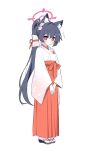 1girl animal_ear_fluff animal_ears black_hair black_sandals blue_archive blush cat_ears cat_girl commentary flower full_body hair_flower hair_ornament hakama hakama_skirt halo highres japanese_clothes kimono lmg7811 long_hair long_skirt miko official_alternate_costume petal_print pink_halo ponytail red_eyes red_hakama sandals serika_(blue_archive) serika_(new_year)_(blue_archive) simple_background skirt solo standing sweatdrop tabi white_background white_kimono wide_sleeves zouri 