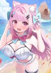  1girl absurdres animal_ear_fluff animal_ears bandaid bandaid_hair_ornament bare_shoulders beach bikini blue_bow blue_bowtie blue_sky blush bow bowtie braid breasts cat_ears cat_girl cloud cloudy_sky collar collarbone crossed_bandaids day detached_collar extra_ears fish_hair_ornament frilled_bikini frilled_thigh_strap frills ghost_hair_ornament hair_bow hair_ornament hairclip hat highres indie_virtual_youtuber large_breasts long_hair navel ocean open_mouth outdoors pink_bow pink_bowtie pink_eyes pink_hair revision sand sky solo stomach straw_hat swimsuit thigh_strap thighs two-tone_bow two-tone_bowtie unworn_hat unworn_headwear virtual_youtuber white_bikini white_collar wind wing_hair_ornament yamato1001_1214 yuuki_sakuna 
