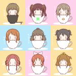  0_0 6+girls :3 abe_nana akagi_miria black_hair blush bow brown_hair chibi closed_mouth commentary_request cup flower forehead hair_bow hair_flower hair_ornament hair_ribbon hands_up high_ponytail highres hino_akane_(idolmaster) hojo_karen idolmaster idolmaster_cinderella_girls in_container in_cup kamiya_nao long_hair mimura_kanako mini_person minigirl mitarashi_neko multiple_girls ogata_chieri ponytail ribbon shadow teacup translation_request two_side_up very_long_hair white_flower white_ribbon yellow_bow yorita_yoshino zaizen_tokiko 