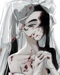  1girl alien_stage black_hair blood blood_on_chest blood_on_face blood_on_hand bow commentary gloves grey_eyes hair_bow heart heart-shaped_pupils highres long_hair official_alternate_costume own_hands_together portrait see-through_clothes see-through_veil sjiaa solo sua_(alien_stage) sua_(zombie_stage) symbol-shaped_pupils twintails veil white_background white_gloves zombie_stage 
