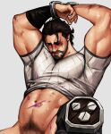  1boy arcane:_league_of_legends areyoucracked arms_up bad_id bad_twitter_id bara beard belly biceps bruise bruised_eye clothes_lift facial_hair injury league_of_legends looking_to_the_side male_focus muscular muscular_male nipples one_eye_closed penis penis_peek plump shirt_lift vander_(arcane) 