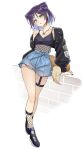  1girl absurdres black_jacket black_nails black_shoes blue_hair blue_shorts breasts carrion1129 cho_kaguya-hime! cleavage colored_inner_hair commentary cone_hair_bun fox_girl fox_tail hair_bun highres jacket jewelry multicolored_hair nail_polish navel necklace open_clothes open_jacket purple_hair sakayori_iroha sakayori_iroha_(tsukuyomi) sakayori_iroha_(wego) shoes short_hair shorts simple_background solo tail thigh_strap white_background 