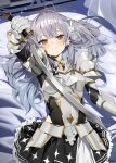  1girl absurdres antenna_hair armor armored_dress breasts copyright_name crossed_bangs dress ear_piercing earrings frilled_dress frills ginjo_saine gradient_hair grey_hair hair_bun highres holding holding_sword holding_weapon jewelry layered_dress long_hair looking_at_viewer lying mole mole_under_eye multicolored_hair official_art on_back on_bed panda_0035 piercing single_side_bun small_breasts smile solo sparkle sword virtual_youtuber vspo! weapon xross_stars yellow_eyes 
