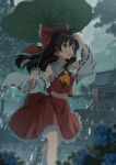  1girl absurdres ascot bow breasts brown_eyes brown_hair brown_shoes chest_eye chinese_commentary commentary_request detached_sleeves frilled_bow frilled_hair_tubes frilled_skirt frills hair_bow hair_tubes hakurei_reimu highres holding holding_leaf leaf leaf_umbrella long_hair making-of_available mary_janes open_mouth outdoors rain red_bow red_skirt ribbon-trimmed_sleeves ribbon_trim sdftehn shoes skirt skirt_set small_breasts socks solo stairs touhou white_socks yellow_ascot 