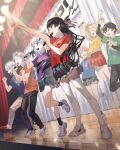  3boys 4girls :d axia_krone bird black_hair black_pants black_socks blue_eyes blue_hair blue_shirt blue_streaks bow bowtie braid breasts closed_eyes colored_inner_hair commentary green_shirt green_skirt grey_hair grey_pants hair_intakes hair_ornament hair_ribbon highres holding holding_microphone hoshikawa_sara indoors jumping kaida_haru kuzuha_(nijisanji) lize_helesta long_hair medium_breasts microphone miniskirt multicolored_hair multiple_boys multiple_girls nijisanji nijisanji_fes_t-shirt open_mouth orange_shirt pants pink_hair plaid_clothes plaid_skirt pleated_skirt podium pointing purple_shirt purple_streaks red_bow red_bowtie red_eyes red_shirt red_skirt red_slippers ribbon sasaki_saku school_festival sebastian_piyodore serita_jon shirt shoes short_hair singing skirt slippers smile sneakers socks stage stage_lights streaked_hair t-shirt tsukino_mito undershirt virtual_youtuber white_shoes x_hair_ornament yellow_bird yellow_shirt 