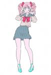  1girl aqua_eyes aqua_shoes bare_legs blue_sailor_collar blue_skirt bow bowtie closed_mouth commentary_request dot_nose double_v drill_hair full_body hair_bow happy high-waist_skirt high_heels highres kari_(kakko_k) light_blush long_sleeves looking_at_viewer medium_hair midriff_peek miniskirt original pink_hair pleated_skirt puffy_long_sleeves puffy_sleeves red_bow red_bowtie sailor_collar school_uniform serafuku shirt shoes simple_background skirt smile solo standing tareme twin_drills twintails v white_background white_shirt 