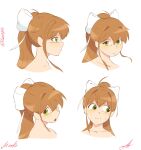  1girl artist_name bow brown_hair character_name closed_mouth collarbone commentary doki_doki_literature_club elunityxd english_commentary expressionless frown green_eyes hair_between_eyes hair_bow high_ponytail highres light_blush long_hair long_sidelocks looking_at_viewer looking_to_the_side monika_(doki_doki_literature_club) multiple_views nervous open_mouth ponytail portrait profile raised_inner_eyebrows sidelocks signature simple_background split_mouth sweatdrop twitter_username white_background white_bow 