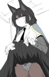  1girl :/ absurdres animal_ears black_hair black_necktie black_skirt blunt_bangs bow bow_panties cameltoe cape ceiling clothes_lift collared_shirt commentary cowboy_shot dress_shirt fox_ears highres hoshimi_miyabi indoors lifting_own_clothes long_hair long_skirt looking_at_viewer looking_to_the_side necktie panties panties_under_pantyhose pantyhose pleated_skirt red_eyes shirt skirt skirt_lift solo sukawi_(sukawi2992) underwear untranslatable_commentary variant_set_available very_long_hair white_background wing_collar zenless_zone_zero 