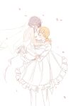  2girls :d ^_^ alternate_hairstyle back_bow bare_arms bare_back bare_shoulders bell blonde_hair blush bow breasts bridal_veil bride carrying carrying_person closed_eyes commentary_request couple crossdressing crossdressing_(ftm) daiba_nana dress f_et face-to-face facing_another falling_petals feet_out_of_frame flower frilled_dress frills from_side glasses green_ribbon groom hair_bell hair_between_eyes hair_ornament hair_ribbon hand_on_another's_thigh hands_on_another's_shoulders hoshimi_junna hug_carry jacket jacket_on_shoulders korean_commentary lapels lifting_person long_dress long_hair long_sleeves low_side_ponytail medium_hair multiple_girls notched_lapels open_mouth pants petals pink_petals ponytail purple_hair ribbon see-through_clothes see-through_veil shoes shoujo_kageki_revue_starlight side_ponytail smile standing strapless strapless_dress tuxedo veil wedding_dress white_background white_bow white_dress white_jacket white_pants white_ribbon wife_and_wife yuri 