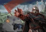  1girl 3boys armor bell_bearing_hunter_(elden_ring) blue_sky castle chibi chibi_inset creature elden_ring elden_ring_nightreign executioner's_sword executor_(elden_ring) full_armor gameplay_mechanics glowing glowing_sword glowing_weapon helmet mask multiple_boys outdoors revenant_(elden_ring) seki_(ksooo18) sky smile solo_focus stance_of_heaven_and_earth telekinesis thorns weapon wylder_(elden_ring) 
