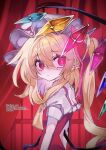  1girl :< absurdres ascot back_cutout blonde_hair closed_mouth clothing_cutout collared_shirt commentary crystal crystal_wings drill_hair english_commentary flandre_scarlet frilled_shirt_collar frills from_side glowing glowing_eye hat hat_ribbon highres long_hair looking_at_viewer mob_cap multicolored_wings one_side_up pointy_ears puffy_short_sleeves puffy_sleeves red_eyes red_vest ribbon shirt short_sleeves solo suigyu_xxx touhou twitter_username vest watermark white_hat white_shirt wings yellow_ascot 