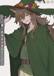  animal_ears belt belt_buckle brown_belt brown_hair buckle degrees_of_lewdity fang flower fox_boy fox_ears green_hat green_robe green_tunic grin gwylan_(degrees_of_lewdity) gwylan_(male)_(degrees_of_lewdity) hair_between_eyes hand_on_headwear hat hat_flower highres hood hood_down hooded_robe ibispaint_(medium) jewelry long_hair necklace robe sidelocks smile tifaesu tunic witch_hat 