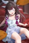  1girl absurdres bare_shoulders bed black_hair blush bow closed_eyes columbina_(genshin_impact) columbina_(the_final_gift)_(genshin_impact) commentary_request dress eye_mask genshin_impact gradient_hair hair_ornament hair_ribbon head_wings headboard highres holding holding_pillow long_hair long_sidelocks mask multicolored_hair multiple_wings nightgown official_alternate_costume open_mouth pillow pillow_fight purple_hair purple_streaks ribbon see-through_clothes see-through_mask sidelocks sitting sleepwear smile solo streaked_hair taira_(taira_oekaki) two-tone_hair very_long_hair white_dress white_gown white_mask white_nightgown white_ribbon white_wings wing_hair_ornament wings wrist_bow 